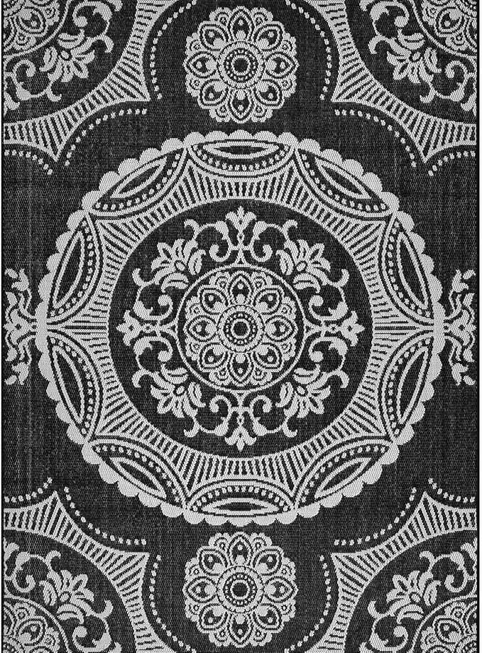 Medallion Outdoor Rug 6x9 Washable Outside Carpet for Indoor Patio Porch Waterproof Easy Cleaning Non Shedding Area Rugs Black 6 x 9-Ruum Studio Home