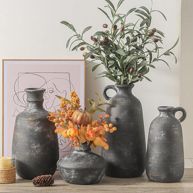 Ceramic Rustic Farmhouse Vase, 12.8" Large Rustic Black Pottery Vases Home Decor Decorative Boho Pampas Vase for Home Decor Table Living Room Decoration Shelf Mantel Enryway Kitchen-Ruum Studio Home