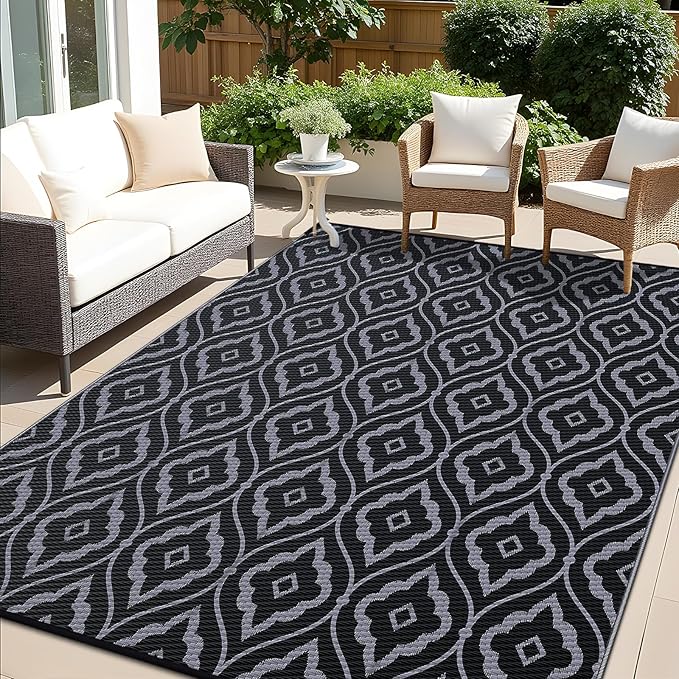 OLANLY Outdoor Rug 5x8 ft Waterproof, Outdoor Plastic Straw Rug with Geometric Pattern Clearance, Reversible RV Mat for Patio, Camping, Balcony, Deck, Backyard, Black & Grey-Ruum Studio Home