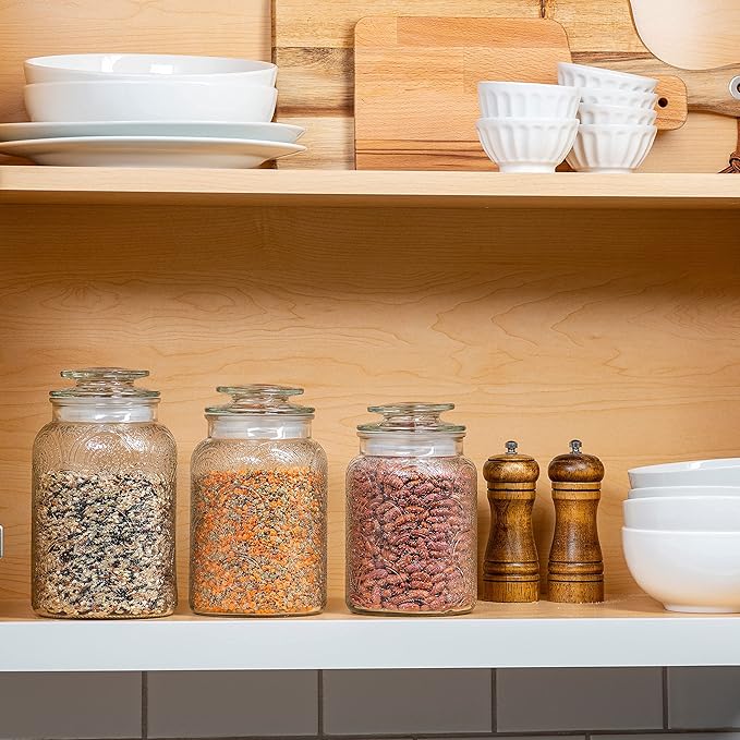 Le'raze Food Storage Containers with Airtight Lids - Retro Design - Pantry Organization, Glass Canisters Storage for Cookies, Tea, Sugar, Candy Jars, Sugar Packet, Set of 3-Ruum Studio Home