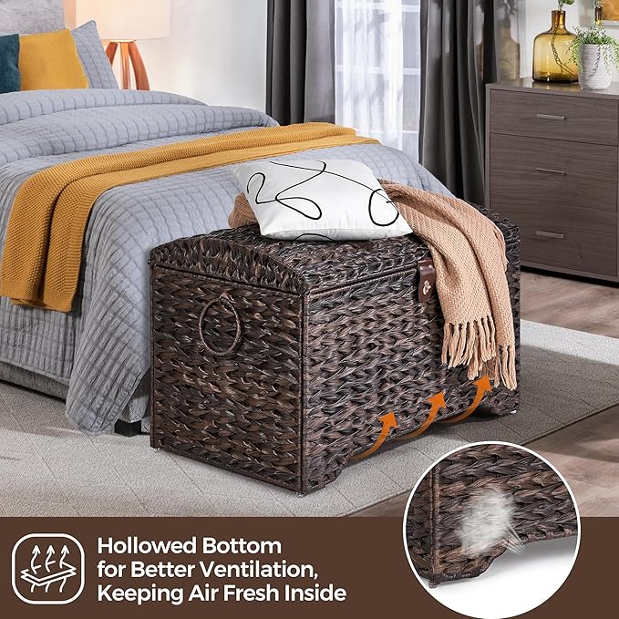 Handwoven Storage Basket with Lid, 178L Plastic Rattan Storage Bin, Leather Buckle & Metal Frame, Large Metal Ring Handles, Storage Trunk for Bedroom, Laundry Room-Ruum Studio Home