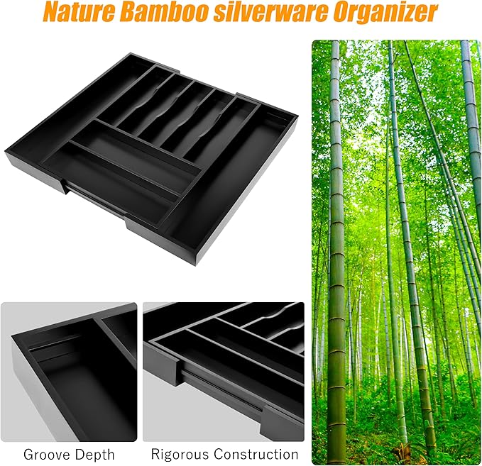 Bellsal Large Premium Bamboo Silverware Organizer - Expandable Utensil Drawer Organizer - 17"x19.6" Utensil Holder and Cutlery Tray with Grooved for Kitchen Flatware and Utensils(7-9 Slot, Black)-Ruum Studio Home