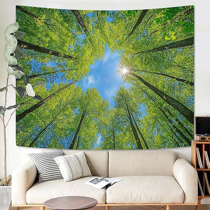 AMM Nature Forest Tree Celling Tapestry Lush Green Treetops Sunlit Tapestry for Bedroom Aesthetic Sky Sunlight Canopy Leaves Landscape Tapestries Wall Hanging for Living Room Dorm Office 60 x 44 Inch-Ruum Studio Home