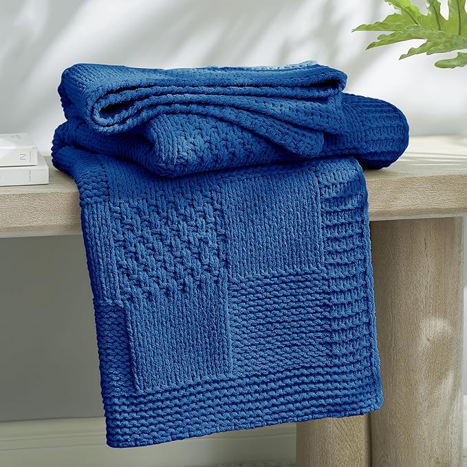 Amélie Home Chenille Knit Throw Blanket for Couch, Checkered Texture Decorative Soft Blanket for Sofa, Bed & Living Room, 50"x60", Blue-Ruum Studio Home