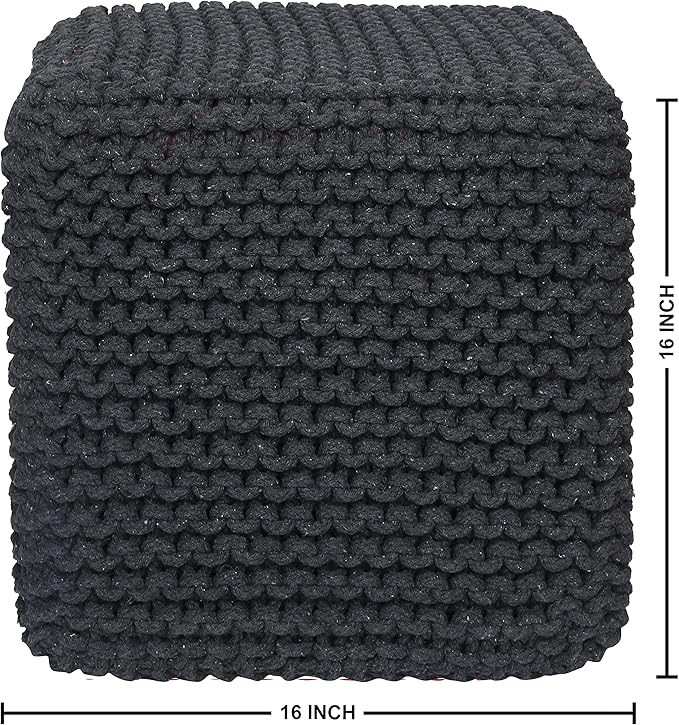 REDEARTH Cube Pouf Foot Stool Ottoman - Hand Knitted Coffee Table - Cotton Cord Boho Pouffe - Home Décor Poof - Stuffed Footrest for Living Room - Bedroom - Patio (16" x 16" x 16") - Dark Gray-Ruum Studio Home
