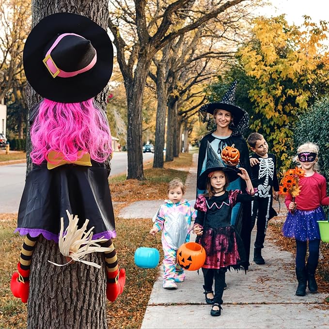 POPGIFTU 51" Halloween Crashing Witch Decoration – Pink Flying Witch for Tree, Yard, Porch, and Indoor Outdoor Halloween Décor-Ruum Studio Home