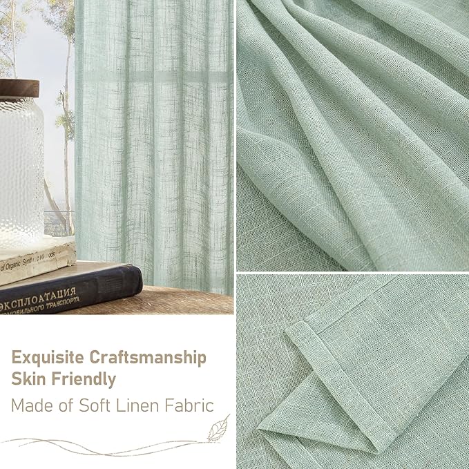 LAMIT Living Room Linen Curtains 95 Inch for Bedroom, Bronze Grommet Linen Textured Sheer Curtains Light Filtering Burlap Drapes for Farmhouse, 2 Panels, 52 x 95 Inch, Light Sage-Ruum Studio Home