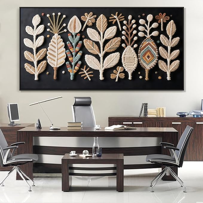 Large Boho Black Wall Art For Living Room Chic Home Wall Art Modern Multicolor Leaves Feather Canvas Wall Art Decor Picture For Bedroom Apartment Kitchen Home Wall Decor 29" X 58" With Framed-Ruum Studio Home