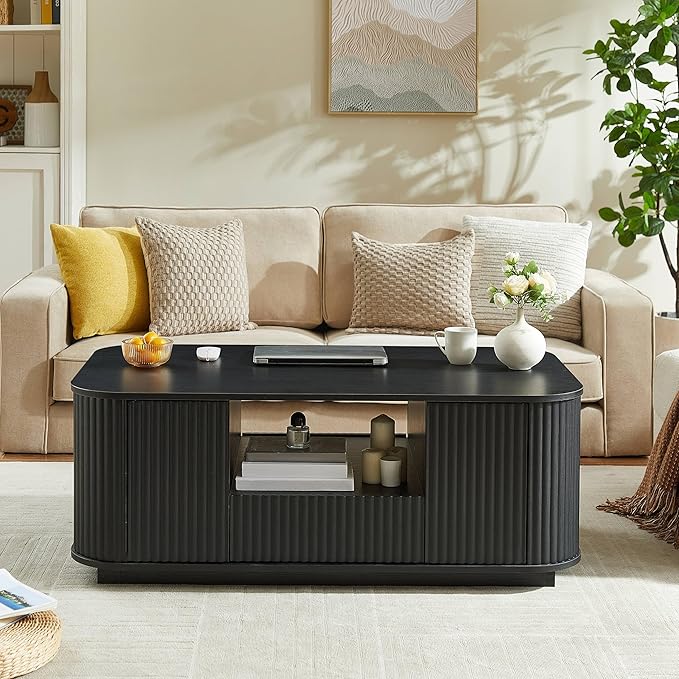 46.5" Oval Coffee Table with Drawers and Storage Mid Century Modern Fluted Solid Wood Side Coffee Tables, Luxury Tea Table Center Table for Living Rooms Offices Apartmen, Black-Ruum Studio Home