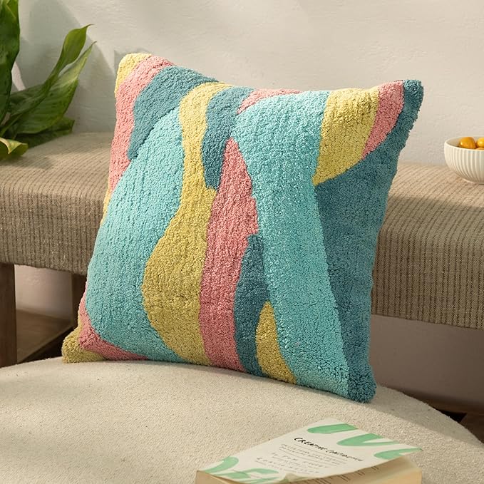 Tuffting Embroidery Decorative Throw Pillow Cover, 18 x 18 inches (Multi)-Ruum Studio Home