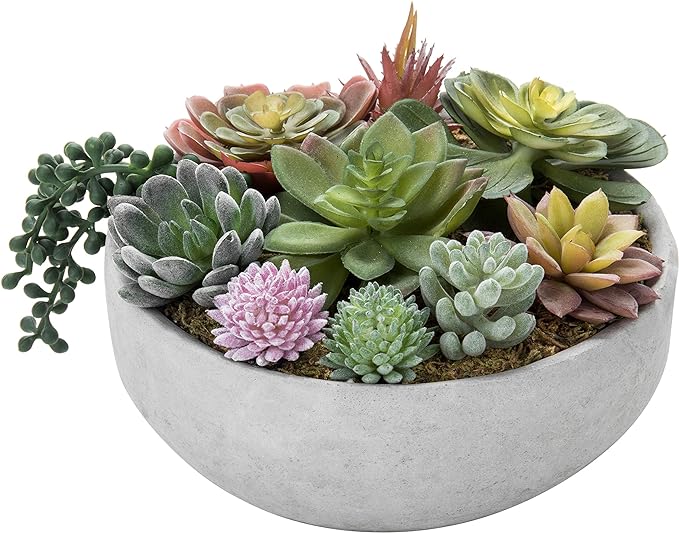 MyGift 8 Inch Round Modern Artificial Succulent Arrangement Potted in Gray Concrete Plant Bowl, Assorted Faux Mini Succulents in a Decorative Planter Pot-Ruum Studio Home