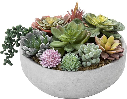 MyGift 8 Inch Round Modern Artificial Succulent Arrangement Potted in Gray Concrete Plant Bowl, Assorted Faux Mini Succulents in a Decorative Planter Pot-Ruum Studio Home