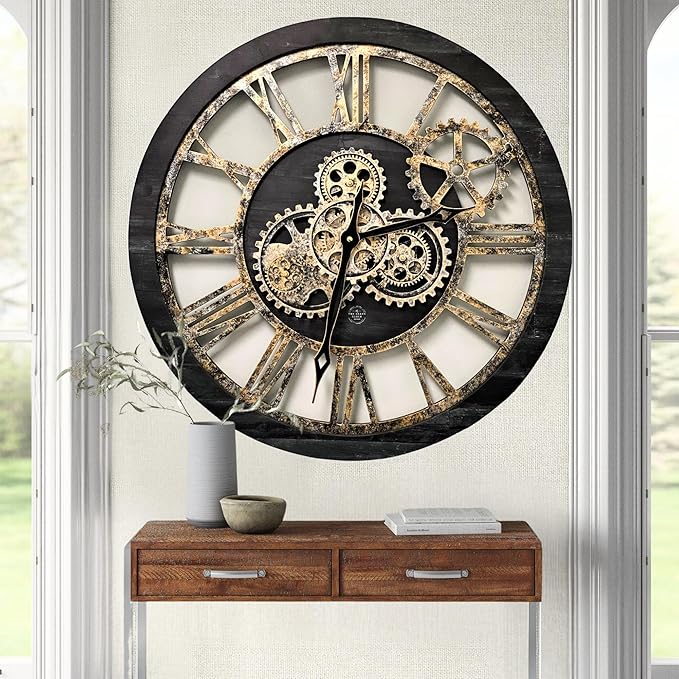 The Gears Clock The Original Real Moving Gear Wall Clock Vintage Industrial Oversized Rustic Farmhouse (24 inch (60cm), Vintage Black Wood and Bronze)-Ruum Studio Home