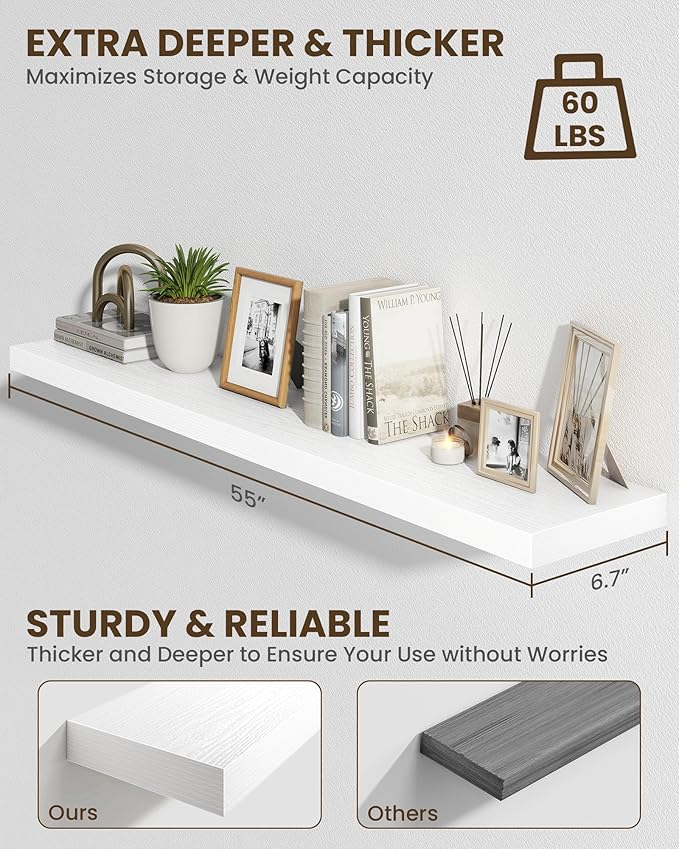 Marsmiles 55" Floating Shelves for Wall, Wooden Shelves with Invisible Brackets Set of 2, Rustic Farmhouse Wall Mounted Shelf for Kitchen Bathroom Living Room Study, White-Ruum Studio Home