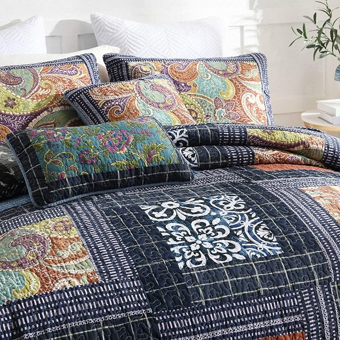 NEWLAKE Cotton Patchwork Bedspread, 3-Piece Bedding Quilt Set with Real Stitched Embroidery, Reversible Matelasse Bed Coverlet Set,Vintage Flowery Grid,King Size-Ruum Studio Home