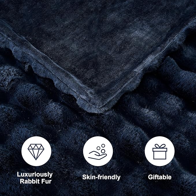 DREAMNINE Large Soft Thick Fuzzy Bubble Faux Rabbit Fur Blanket Full Size 70" x 80",Double Sided Comfy Plush Warm Shaggy Fluffy Blankets, Luxury Big Cozy Cute Textured Furry Blanket for Bed, Navy Blue-Ruum Studio Home