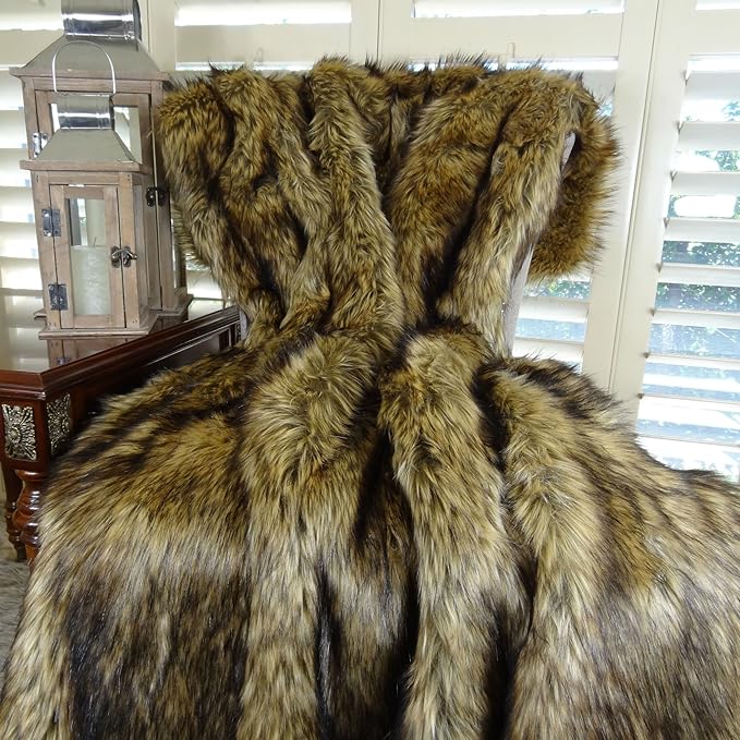 Brown Fur Throw Blanket and Bedspread - Brown Wolf Faux Fur - Light & Dark Brown Faux Fur - Luxury Throw Blanket & Bedspread, Made in USA, 16406-Ruum Studio Home