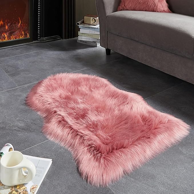 AMTOVO Faux Fur Rug, Blush Pink Small Area Rug, Fluffy Sheepskin Rug, Fuzzy Ultra Soft 2 x 3 ft Shag Rugs for Bedroom Sofa Throw Cushion Room Decor, Sheepskin-Ruum Studio Home