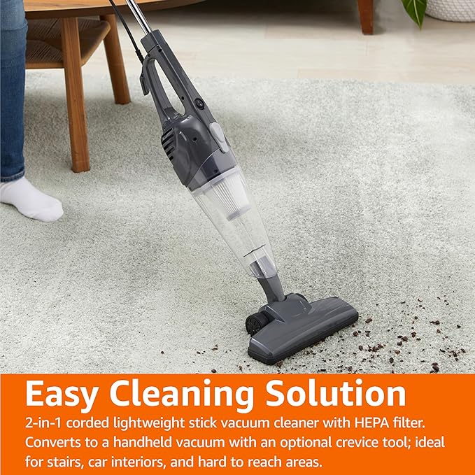 Amazon Basics 2-in-1 Corded Stick Vacuum Cleaner, Convertible to Handheld, Lightweight (3.9 LBS), with Washable HEPA Filter, Crevice Tools, 0.5L Dust Cup, 19.7-Ft Cord, 300W, Black-Ruum Studio Home