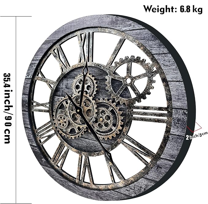The B-Style Large Wall Clock 24 inch Moving Gear Wall Clock Oversized Vintage Farmhouse Wall Clocks for Living Room Decor Rustic Industrial Wood Clock (Carbon Gray, 36 inch/90cm)-Ruum Studio Home