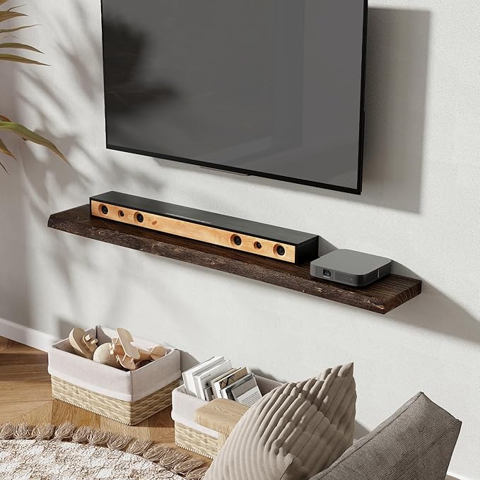 55" Floating Shelves, Live Edge Elm Wood Floating Shelf for Wall, Wall-Mounted Display Shelves with Invisible Heavy-Duty Bracket, Long Floating Shelf for Bathroom, Kitchen, Living Room, Walnut Color-Ruum Studio Home