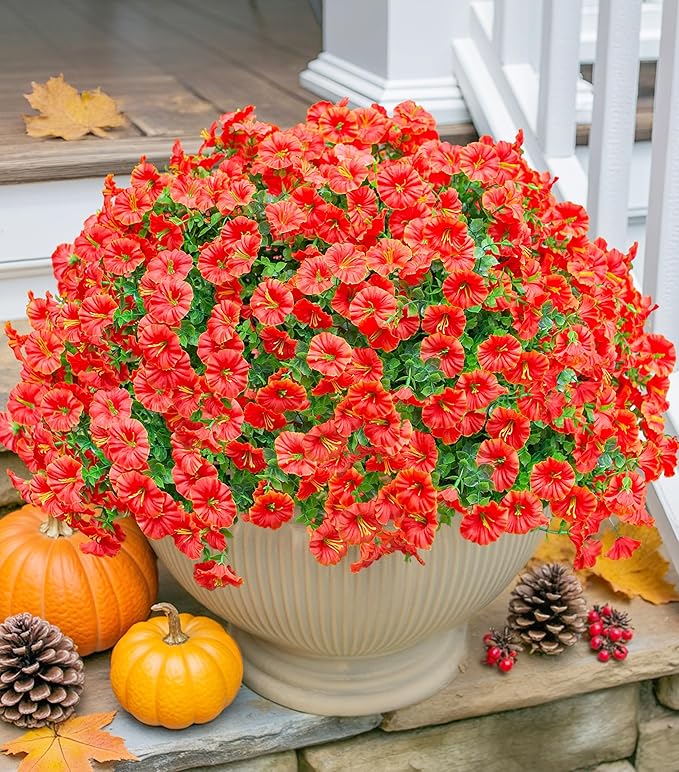 Artificial Fall Flowers Fake Plants for Outdoors Autumn Decoration, 12 Bundles Orange Silk Morning Glory with Eucalyptus Look Real UV Resistant Faux Flowers for Outside Planters Front Door Yard Indoor-Ruum Studio Home