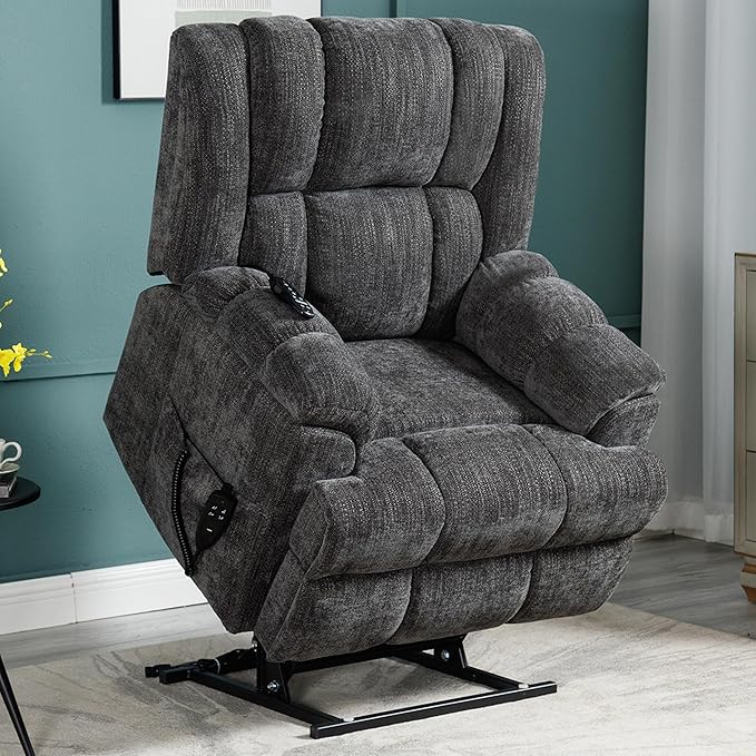 Power Lift Chair with Vibration Massage Heat for Elderly People, Dual Motor Electric Lay Flat Recliner Chair with Power-Remote, Standing Assistance Reclining, Chenille Dark Gray-Ruum Studio Home