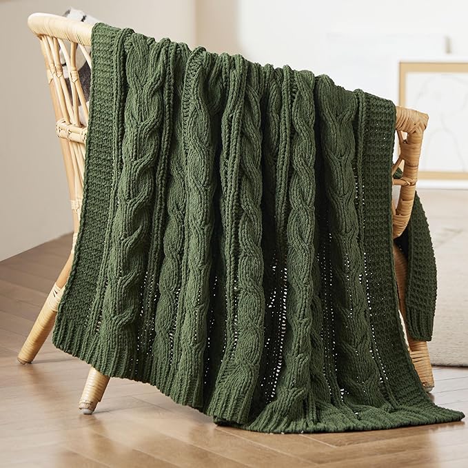 Bedsure Cable Knit Twin Blanket for Couch Bed - Breathable Chenille Chunky Knit Twin Blanket for Decorative Gift, GentleSoft Cozy and Warm for Winter and All Seasons, Green, 60x80 Inches-Ruum Studio Home