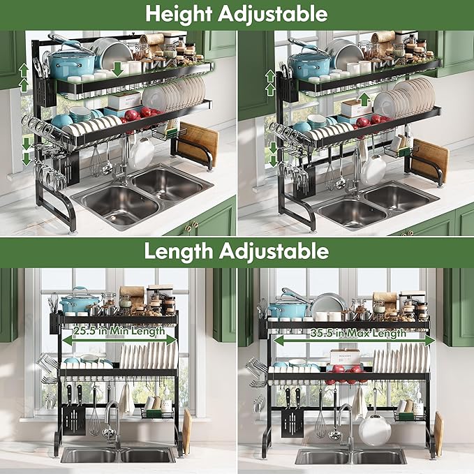 3 Tier Extra Large Stainless Steel Expandable Over The Sink Dish Drainer Drying Rack, Rust Proof Metal, Space Saving, Modern Black Big Capacity Extendable Plate Strainers Above Kitchen Counter-Ruum Studio Home