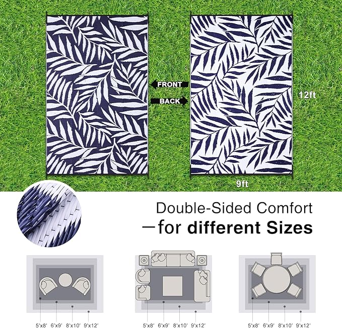 OLANLY Waterproof Outdoor Rug 9x12 ft, Reversible Outdoor Plastic Straw Rug with Leaf Pattern, RV Mat, Indoor Outdoor Carpet for Patio, Camping, Balcony, Deck, Backyard, Navy & White-Ruum Studio Home