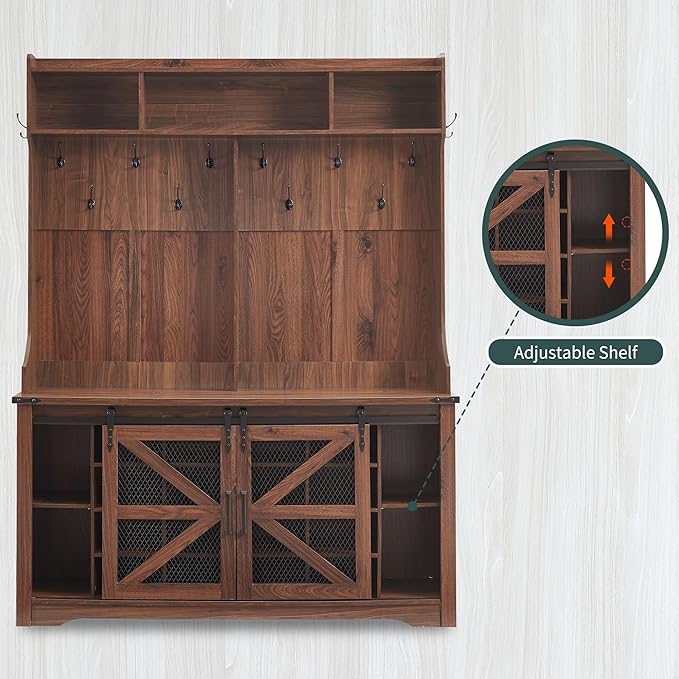JXQTLINGMU 59" Farmhouse Hall Tree with Shoe Storage, Entryway Bench with 20 Cubbies, 12 Hooks & Sliding Barn Doors, Mudroom Coat Rack Cabinet, Brown-Ruum Studio Home