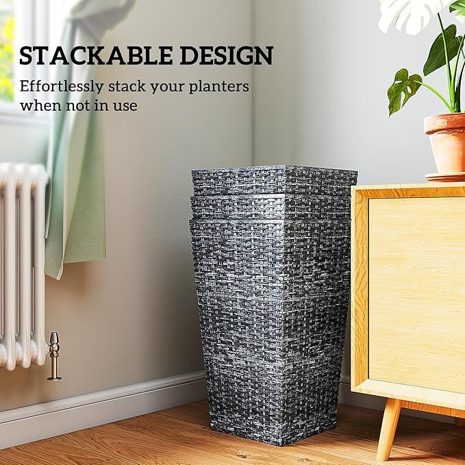 Outsunny Tall Planters for Outdoor Plants Set of 3, 24 in Taper Planters with Drainage Holes, Rattan Decor Plant Pots for Indoor Outdoor Front Porch Patio Backyard, Gray-Ruum Studio Home