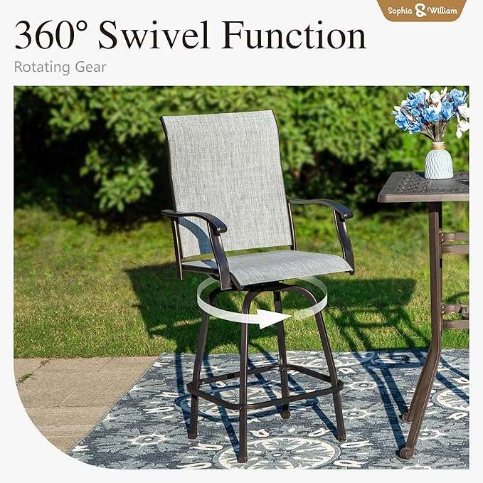 Sophia & William Outdoor Bar Set, Patio Bar Table and Chairs Set, Bar Height Patio Set - 2 x Swivel Bar Chairs(Grey), 1 x Rectangular Bar Table(Wood-Like)-Ruum Studio Home