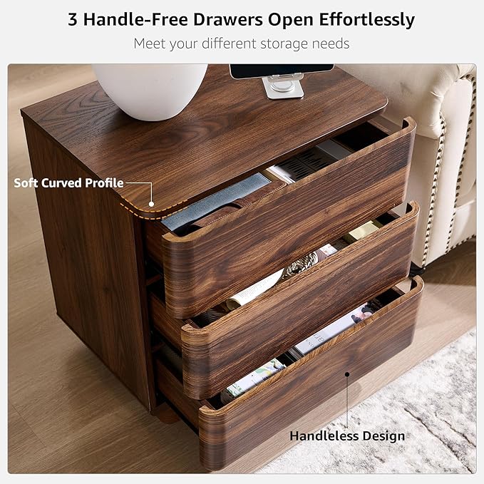 JXQTLINGMU 22" Modern Nightstand with Charging Station, Large Push-to-Open End Table, Wood Bedside Table w/Curved Profile Design, Handleless 3 Drawer Night Stand for Bedroom, Living Room, Brown-Ruum Studio Home