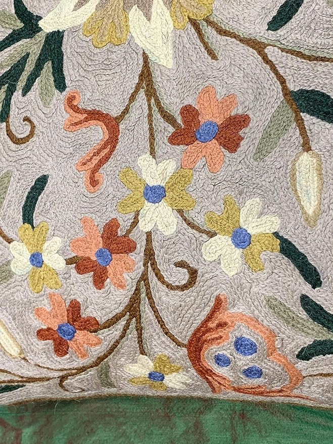 Beige Floral Pillow Cover Taupe Flower Traditional Hand Embroidered Pillowcase Traditional Outdoor Cushion Suzani Couch Flowery Needlepoint Chair Cushion Wool Size - 18x18-Ruum Studio Home