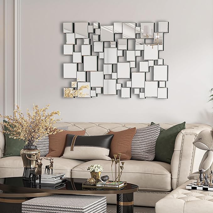 KOHROS Large Silver Wall Mirrors Decorative 48×32 Inch Modern Art Geometric Patchwork Mirror for Wall Decor, Living Room & Entryway Decor, 3D Space - Extending Wall - Mounted Mirror-Ruum Studio Home