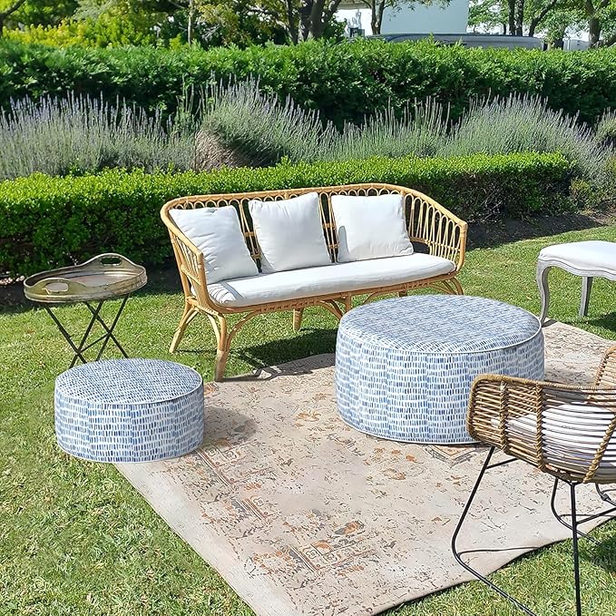 LVTXIII Outdoor Inflatable Ottoman Stool, Patio Water Repellent Footrest Stool with Handle, Portable Outside Round Ottoman for Patio Garden, Camping or Home Use, 21"x21"x9", Blue Pebble-Ruum Studio Home