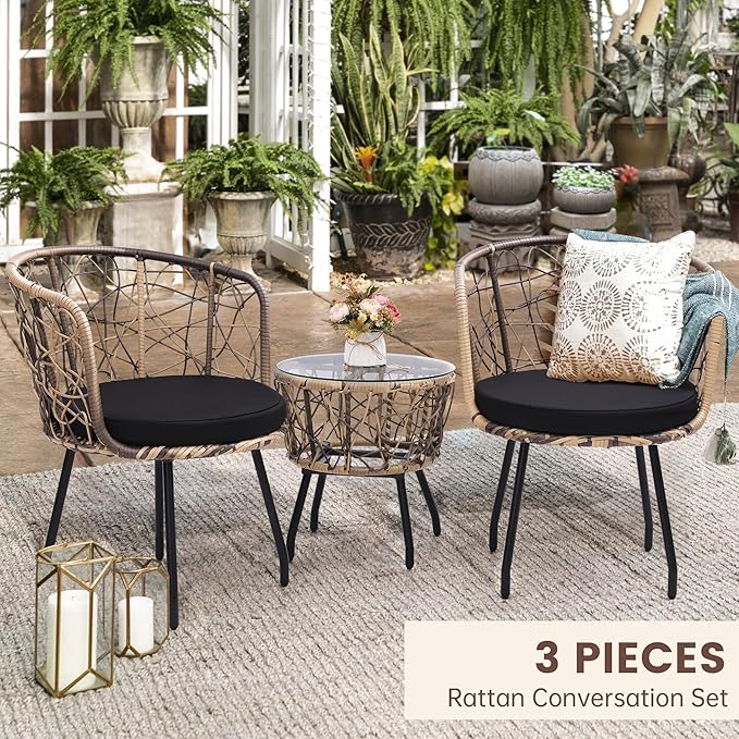Kromax 3 Piece Bistro Set, Modern Outdoor Wicker Patio Furniture with Tempered Glass Table Top and 2 Chairs, Washable Cushions, Natural Rattan and Black Cushion-Ruum Studio Home