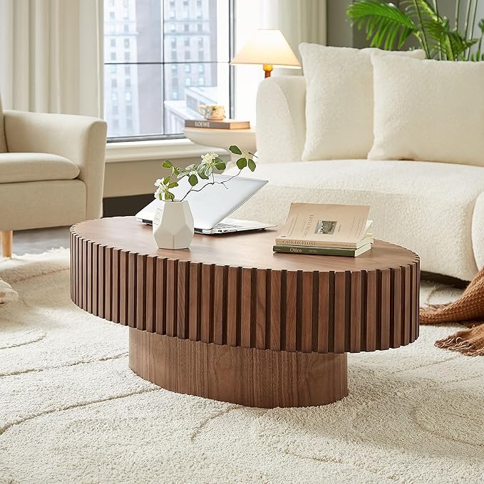 Oval Coffee Table for Living Room, Modern Fluted Coffee Tables with Pedestal Base, Handcrafted Centre Tea Tables Easy Assembly-43.7" Walnut-Ruum Studio Home