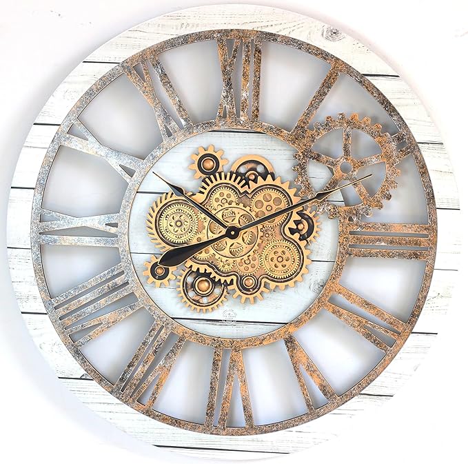 The Gears Clock 36'' Inch Real Moving Gear Wall Clock Vintage Industrial Oversized Rustic Farmhouse (White Farmhouse)-Ruum Studio Home