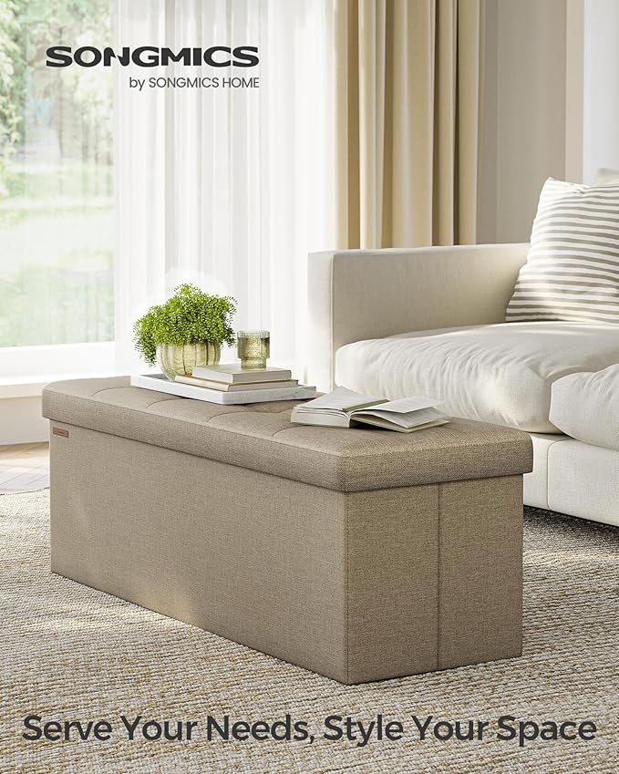 SONGMICS MAZIE Collection - 43 Inches Folding Storage Ottoman Bench, Ottoman Foot Rest, End of Bed Bench, Storage Chest, Load 660 lb, for Living Room, Bedroom, Entryway, Camel Brown ULSF077R01-Ruum Studio Home