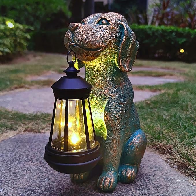 Dog Garden Statue Outdoor Décor with Solar Lights Lantern,Dog Solar Light Figurines Outside Decorations for Yard，Lawn ,Patio, Balcony, Unique Housewarming Gifts-Ruum Studio Home