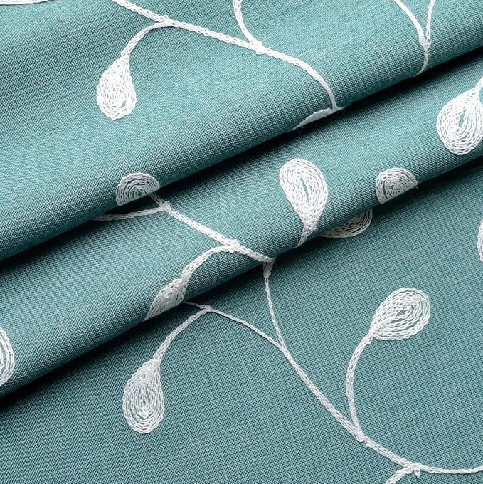 MIUCO Floral Embroidered Semi Sheer Curtains Faux Linen Grommet Window Panel Pair for Bedroom 52 x 63 Inch, Teal-Ruum Studio Home