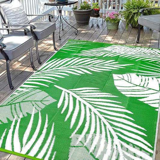 Waterproof Outdoor Rug 6x9ft, Green Leaf Reversible Plastic Straw Mat for Patio RV Deck Porch Backyard Balcony Camping Picnic Beach Indoor Outdoor Carpet, Green&White-Ruum Studio Home