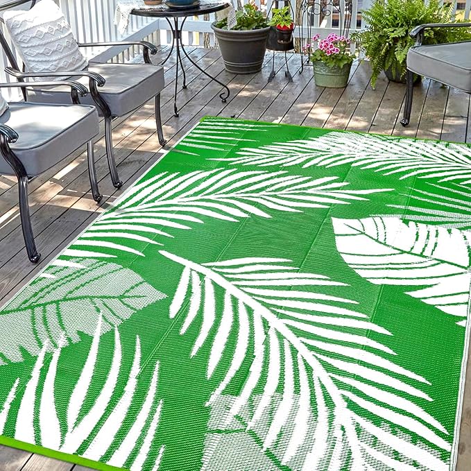 Waterproof Outdoor Rug 8x10ft, Green Leaf Reversible Plastic Straw Mat for Patio RV Deck Porch Backyard Balcony Camping Picnic Beach Indoor Outdoor Carpet, Green&White-Ruum Studio Home