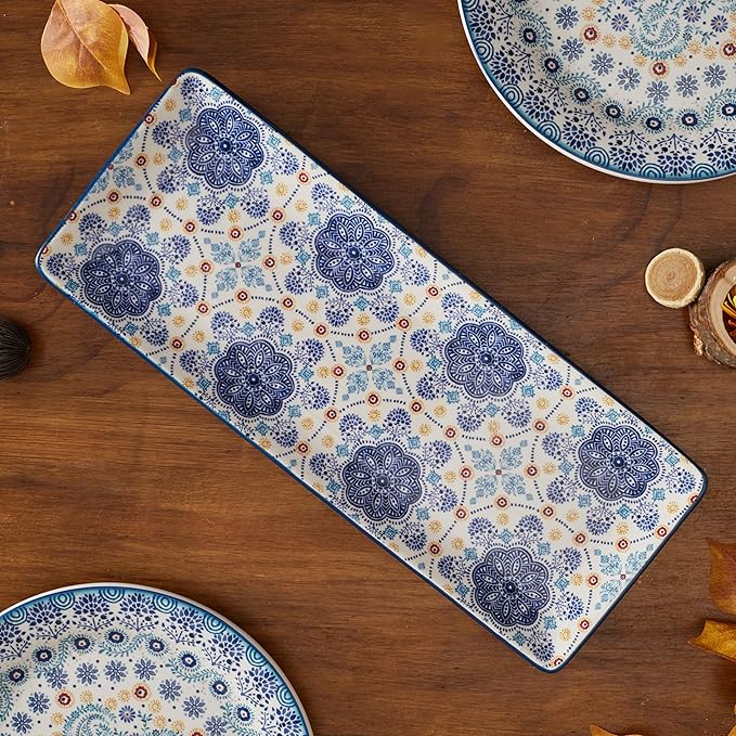 Bico Blue Talavera Ceramic 14 inch Rectangular Serving Platter, Set of 2, for Serving Salad, Pasta, Cheese, Ham, Appetizer, Microwave & Dishwasher Safe-Ruum Studio Home