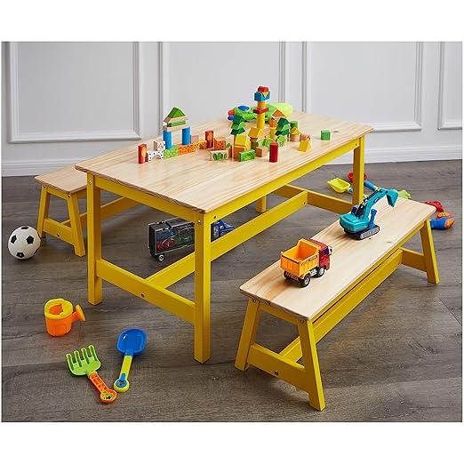Amazon Basics Indoor Kids Table and Bench Set, Natural, solid pine wood, 3 Count (Pack of 1), Wood Activity Table for Art, Craft, Reading, Learning-Ruum Studio Home