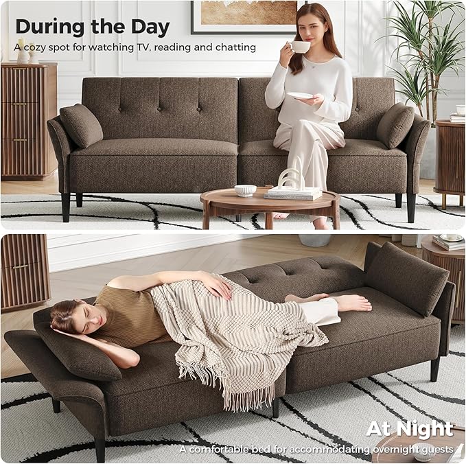 89” Futon Sofa Bed, Linen Comfy Futon Couch Bed with 2 Square Pillows, Convertible Sleeper Sofa with Adjustable Backrest& Armrests, Modern Loveseat Sleeper for Living Room, Bedroom, Brown-Ruum Studio Home