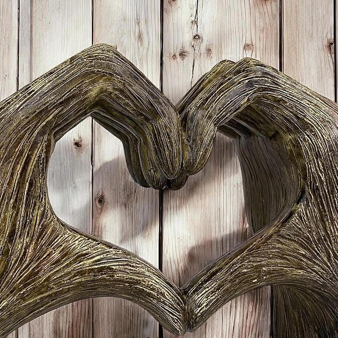 Top Brass Large Rustic Heart Hands Sculpture, 9 3/4” Resin Love Statue – Romantic Decor Accent for Shelf or Mantel – Perfect for Wedding, Valentine's Day or Anniversary (Rustic Wood Grain)-Ruum Studio Home