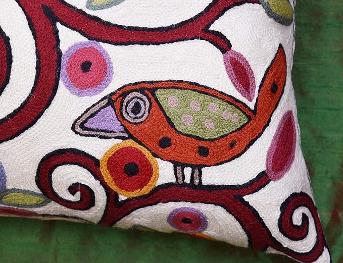 Cream Tree of Life Pillow Cover Birds White Floral Pillowcase Flower Accent Botanical Pillowsham Suzani Cushions Modern Plant Floral Cushion Hand Embroidered Wool Size 18x18-Ruum Studio Home